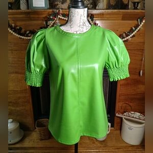 JODIFL Green Faux Leather Puffed Sleeve Top With Smocked Arms